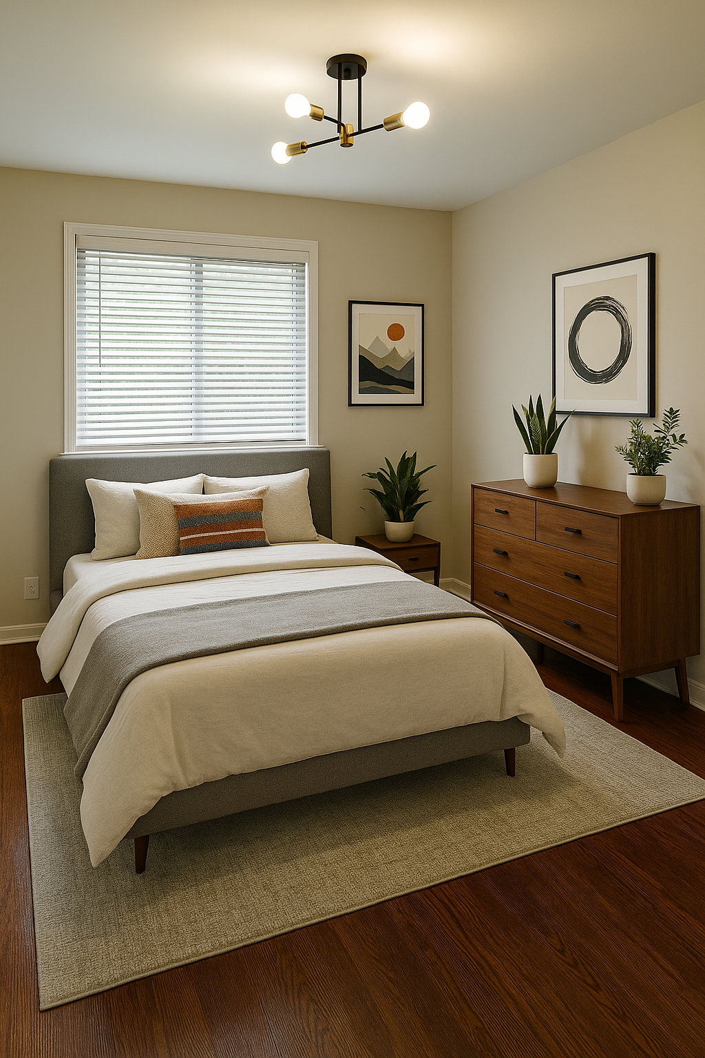 Comfortable bedroom with modern lighting