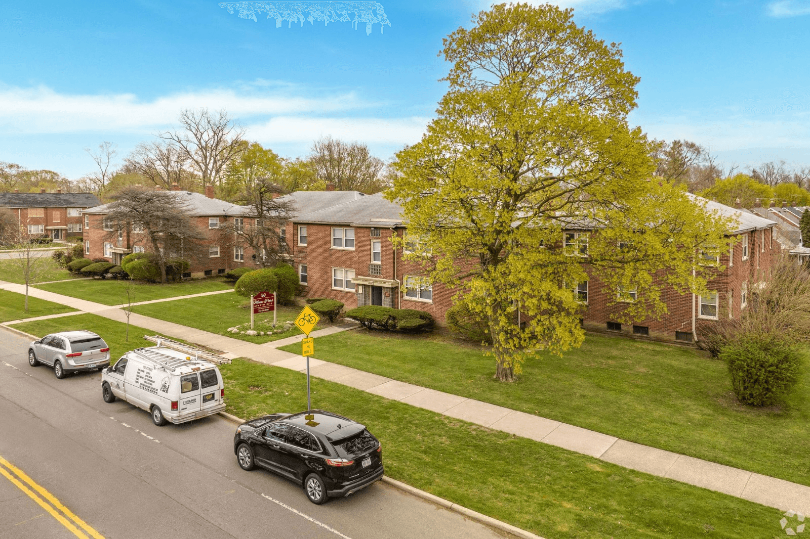 Aerial exterior view of Detroit Luxury Living apartments